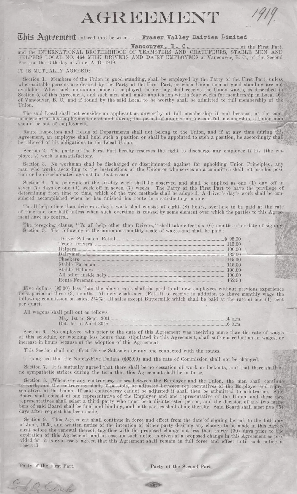 Fraser Valley Dairy Agreement 1919
